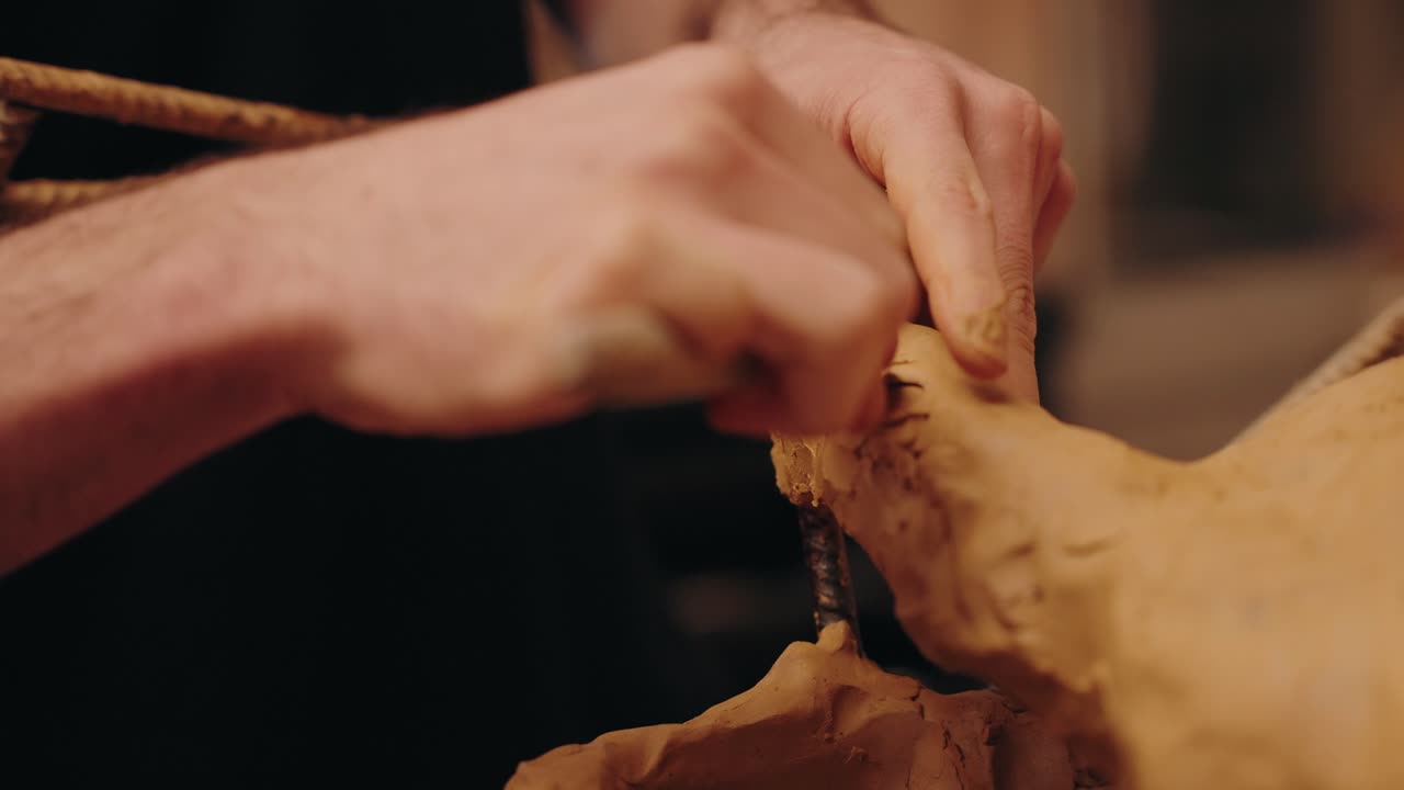 Hände, die Ton über Metallstangen formen, in einer künstlerischen Nahaufnahme