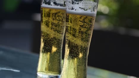 a beer glass with bubbles on a sunny day