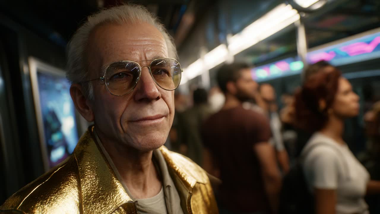 A Close-Up of a Distinguished Elderly Man in a Subway Car, Wearing Stylish Glasses and a Shimmering Golden Jacket, Surrounded by Various Commuters in a Bustling Urban Setting