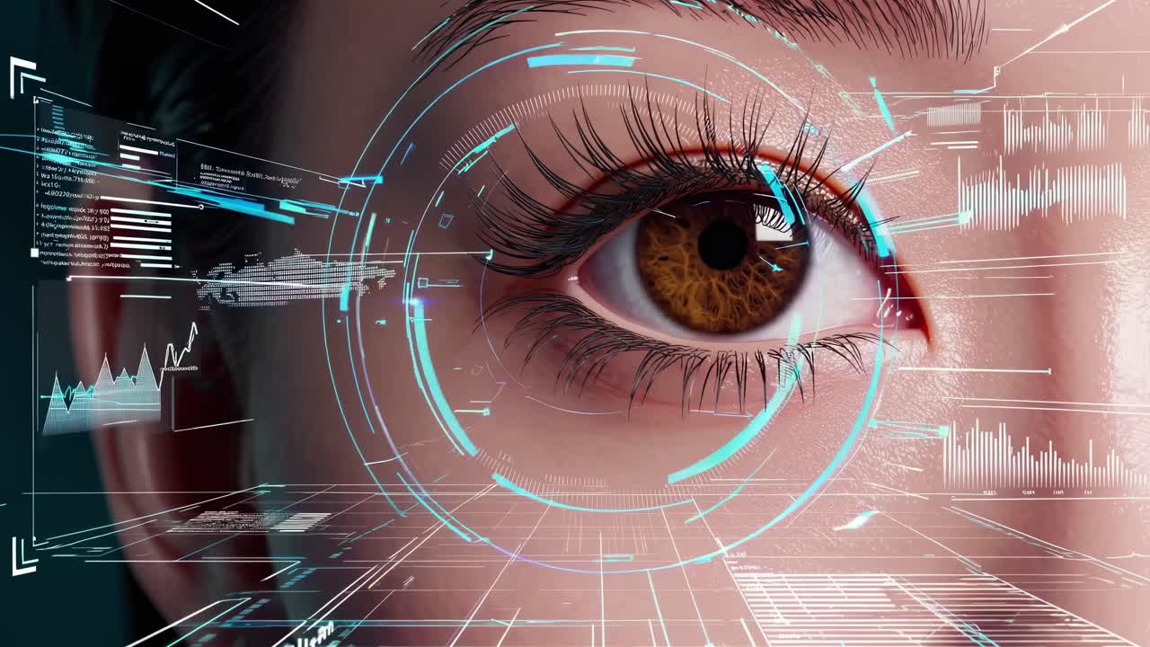 Close-up of a human eye with digital overlay effects, captured from a frontal angle