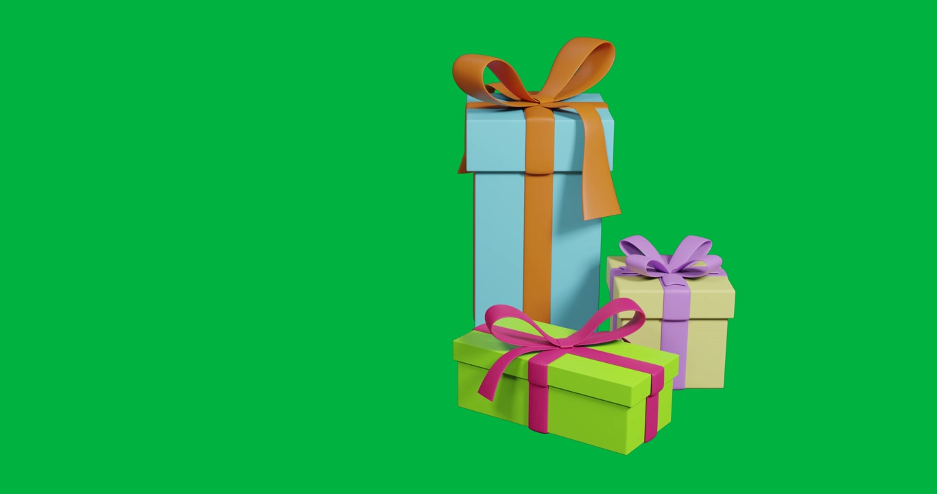 Video of three multi coloured christmas presents with ribbons spinning over transparent background