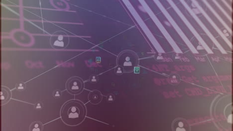 animación de la red de iconos de perfil sobre el procesamiento de datos estadísticos contra un fondo rosa