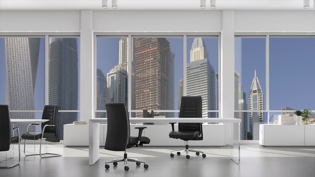 Modern office with tables and chairs, downtown with skyscrapers outside the window