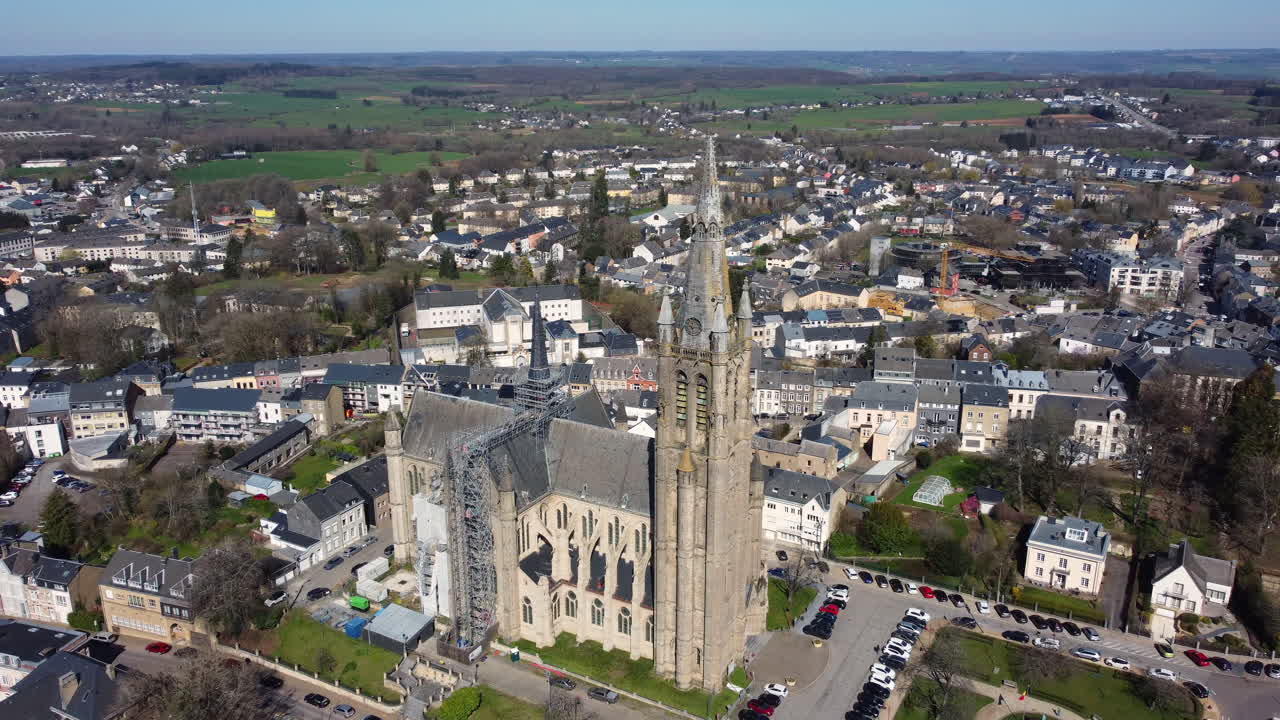 Aerial View of a Town and Cathedral Undergoing Restoration