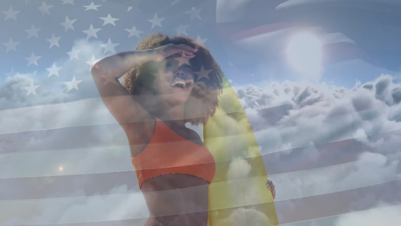 female surfer holding board under clouds with flag overlay, showcasing travel branding animation