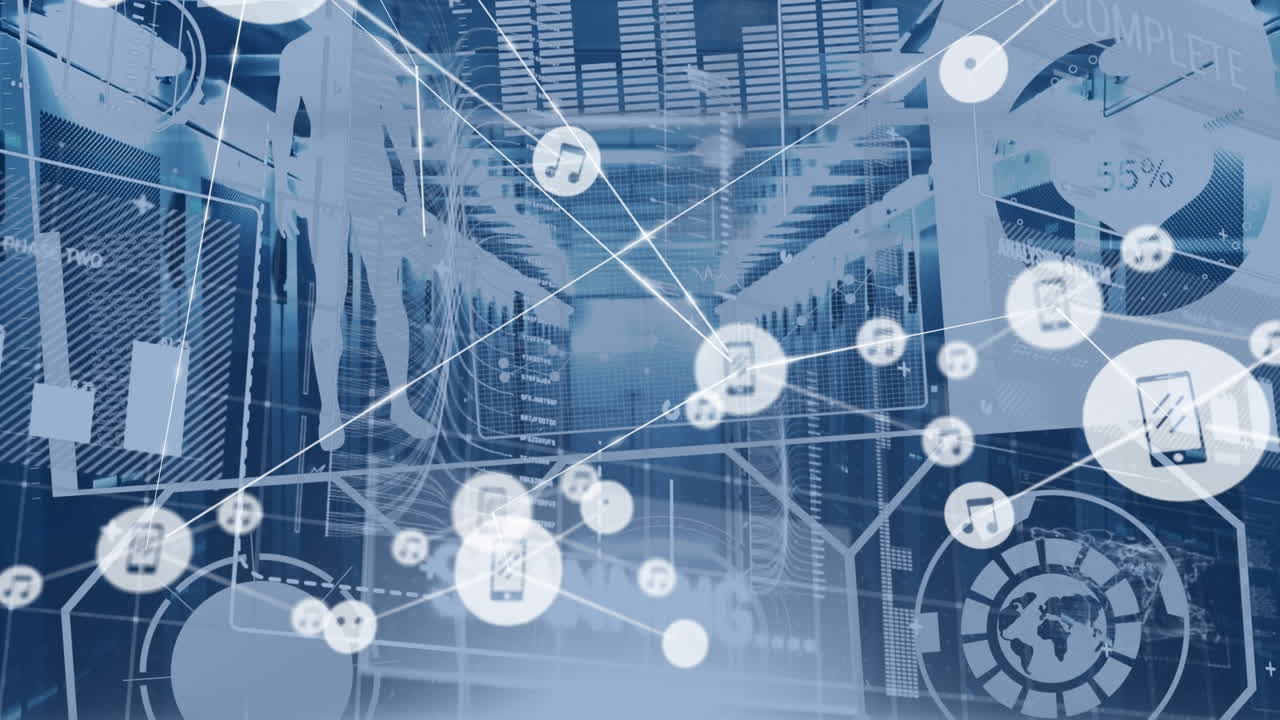 Animation of network of connections with icons and data processing over server room