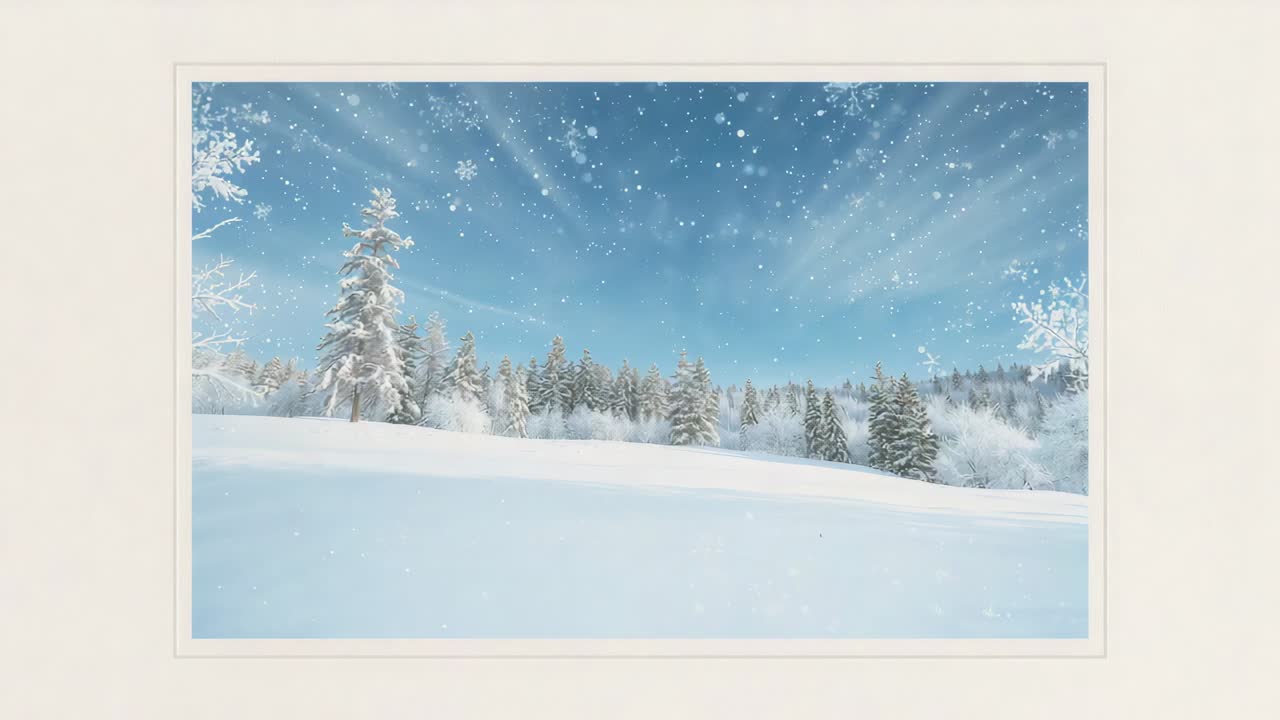 Animating beige framed winter view panning right zooming in on wall showing pines falling snow