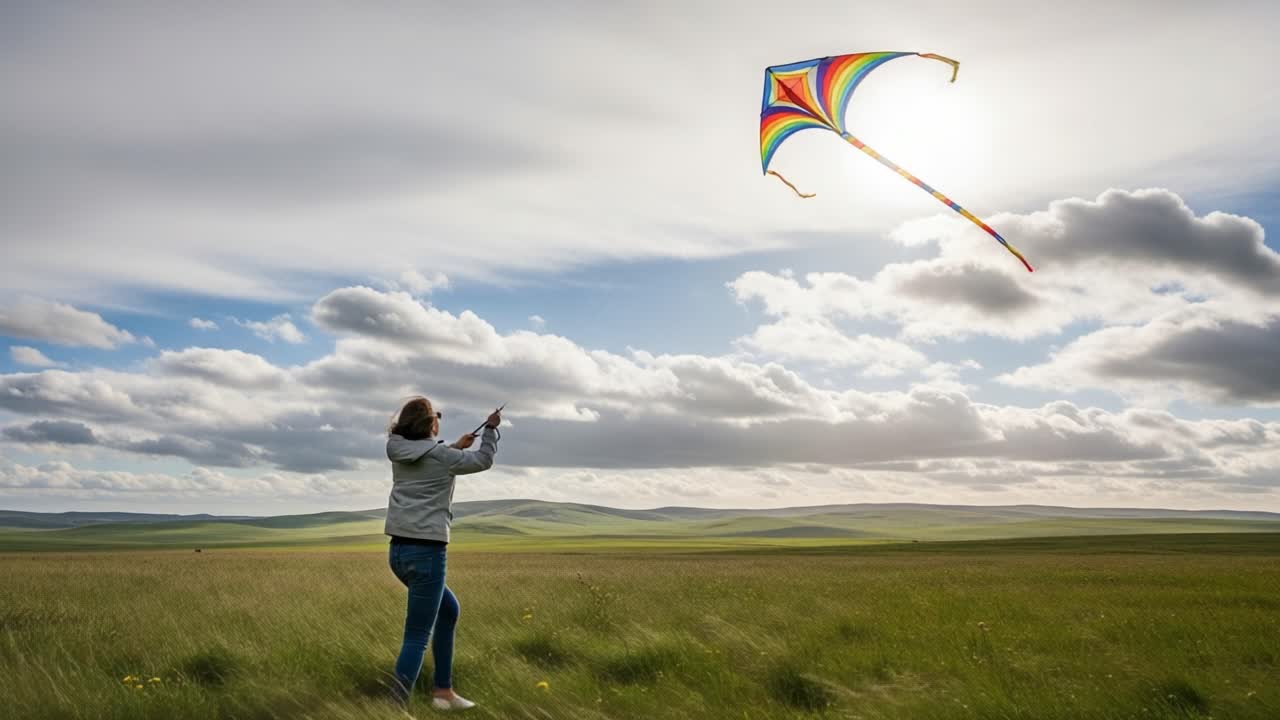 Joyful Moments of a Young Person Flying a Colorful Kite in a Vast Green Field Under a Bright Sky with Soft Clouds, Celebrating Freedom and Connection to Nature