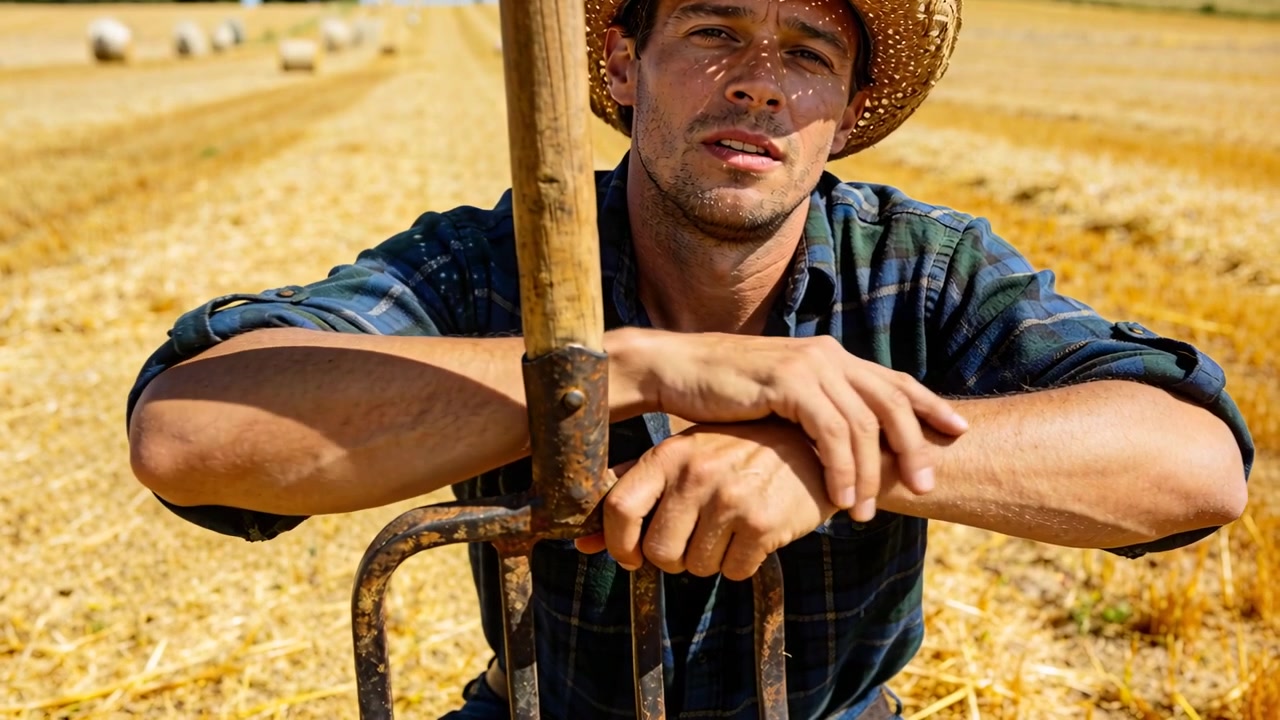 Granjero con sombrero de paja entrecerrando los ojos, levantando la cabeza hacia el sol, apoyado en una horca en un campo segado con pacas de heno