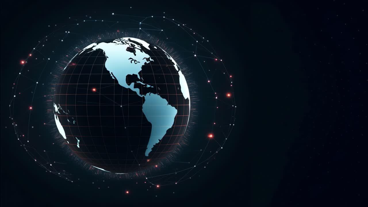 A digital globe with network connections, viewed from a low angle