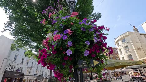 vibrant flowers adorn a bustling street scene