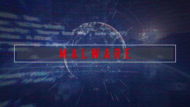 Animation of malware text over data processing and globe