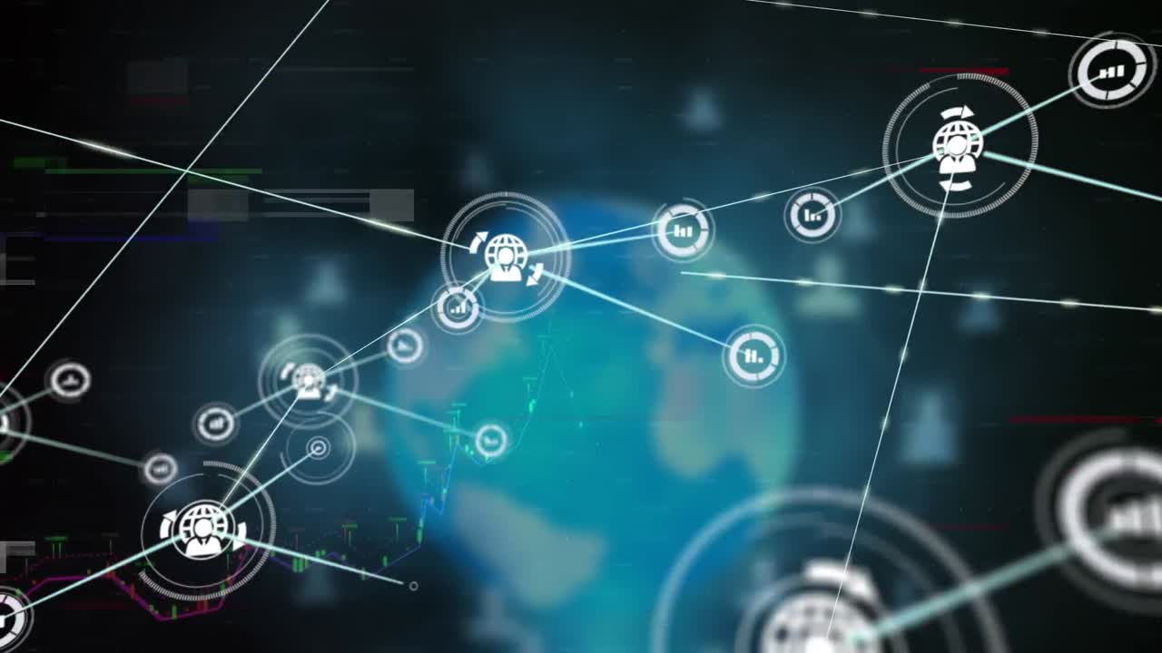 animación de una red de iconos digitales y procesamiento de datos financieros en todo el mundo sobre un fondo negro.