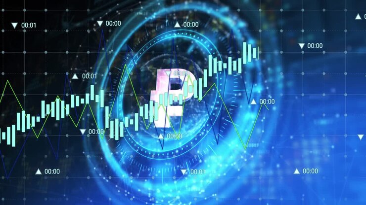 Animation of russian ruble symbol on rotating safe lock over processing data
