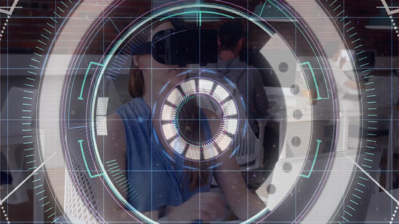 rastros de luz sobre el escaneo de alcance contra la chica caucásica que usa auriculares vr en la universidad