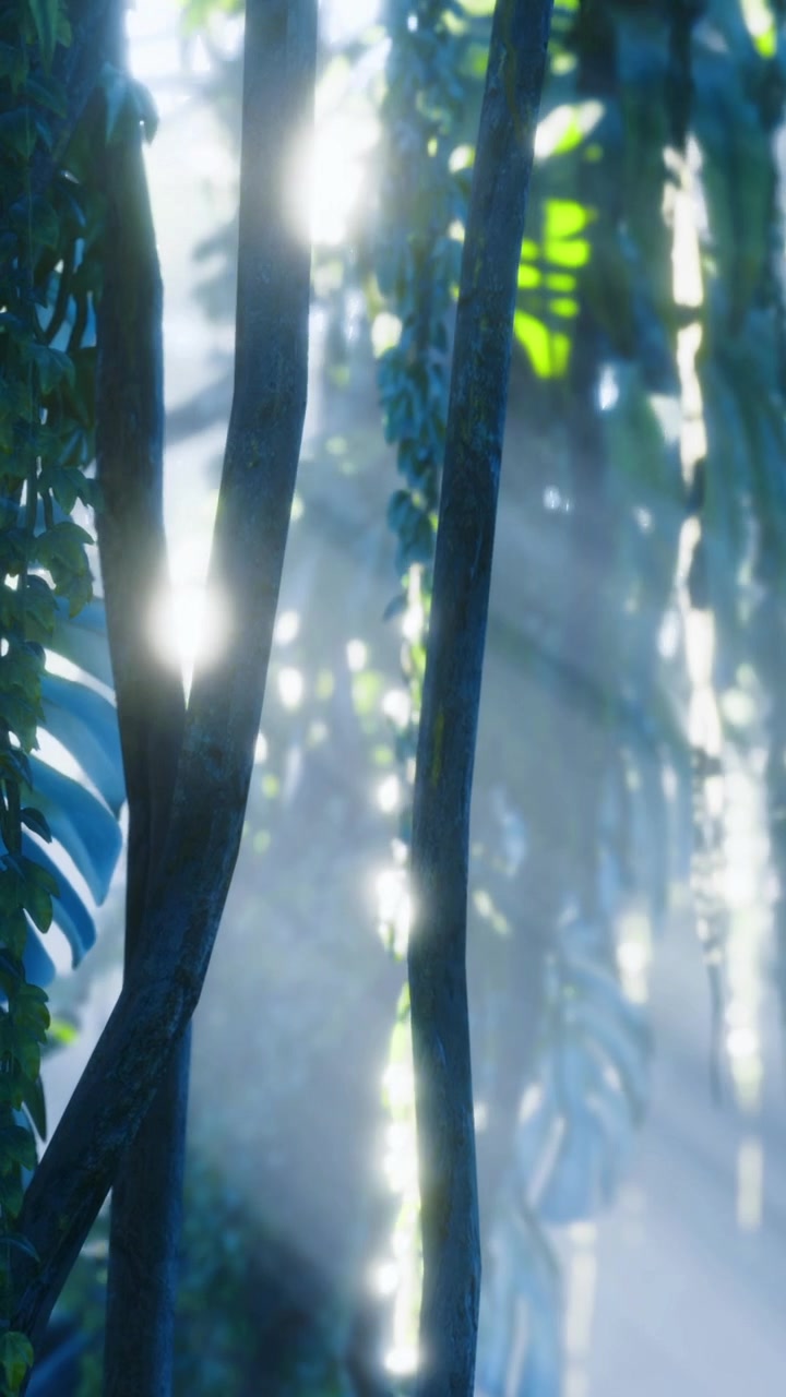 Green ferns and trees with light beams in a dense forest setting