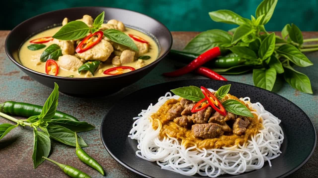 Delicious thai green curry and beef curry with rice noodles | Premium ...