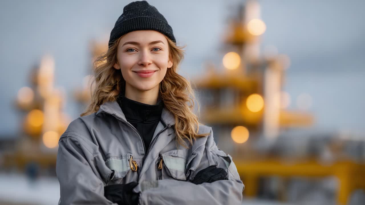 A confident young woman smiling in an industrial setting with oil rigs in the background, embodying strength and determination in a professional environment