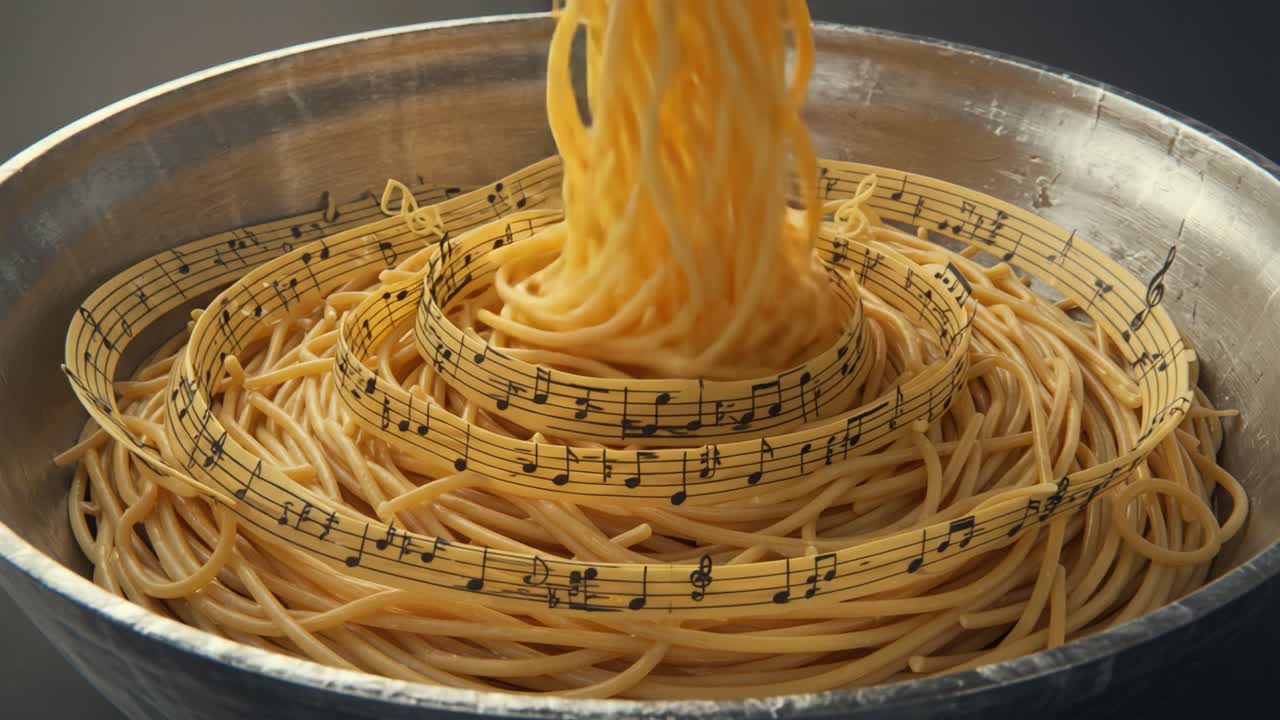 A Whimsical Fusion of Culinary Art and Musical Notes: A Bowl of Spaghetti Twists with a Melody Wrapped Around Its Noodles, Perfectly Blending Food and Music Aesthetics