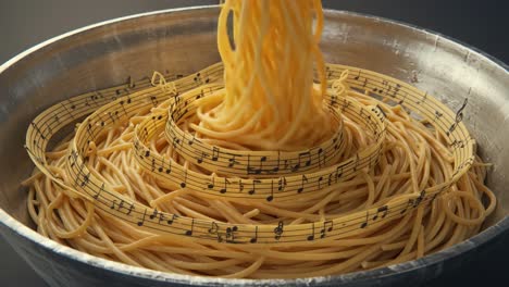 a whimsical fusion of culinary art and musical notes: a bowl of spaghetti twists with a melody wrapped around its noodles, perfectly blending food and music aesthetics