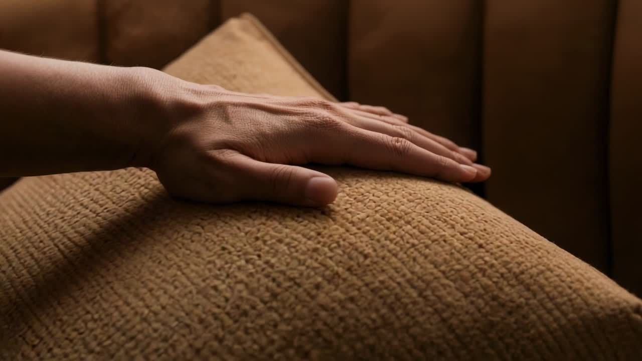 Male hand pressing and sliding soft cushion after touch, causing motion smoothing showing interior