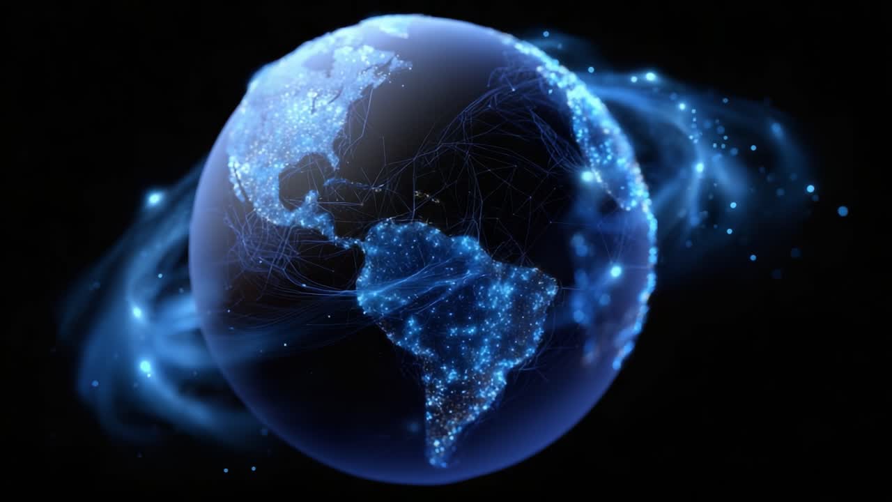 Fasinerende digital globus som illustrerer global tilkobling og teknologiske interaksjoner gjennom fantastiske lysmønstre og geometriske forbindelser i mørk bakgrunn