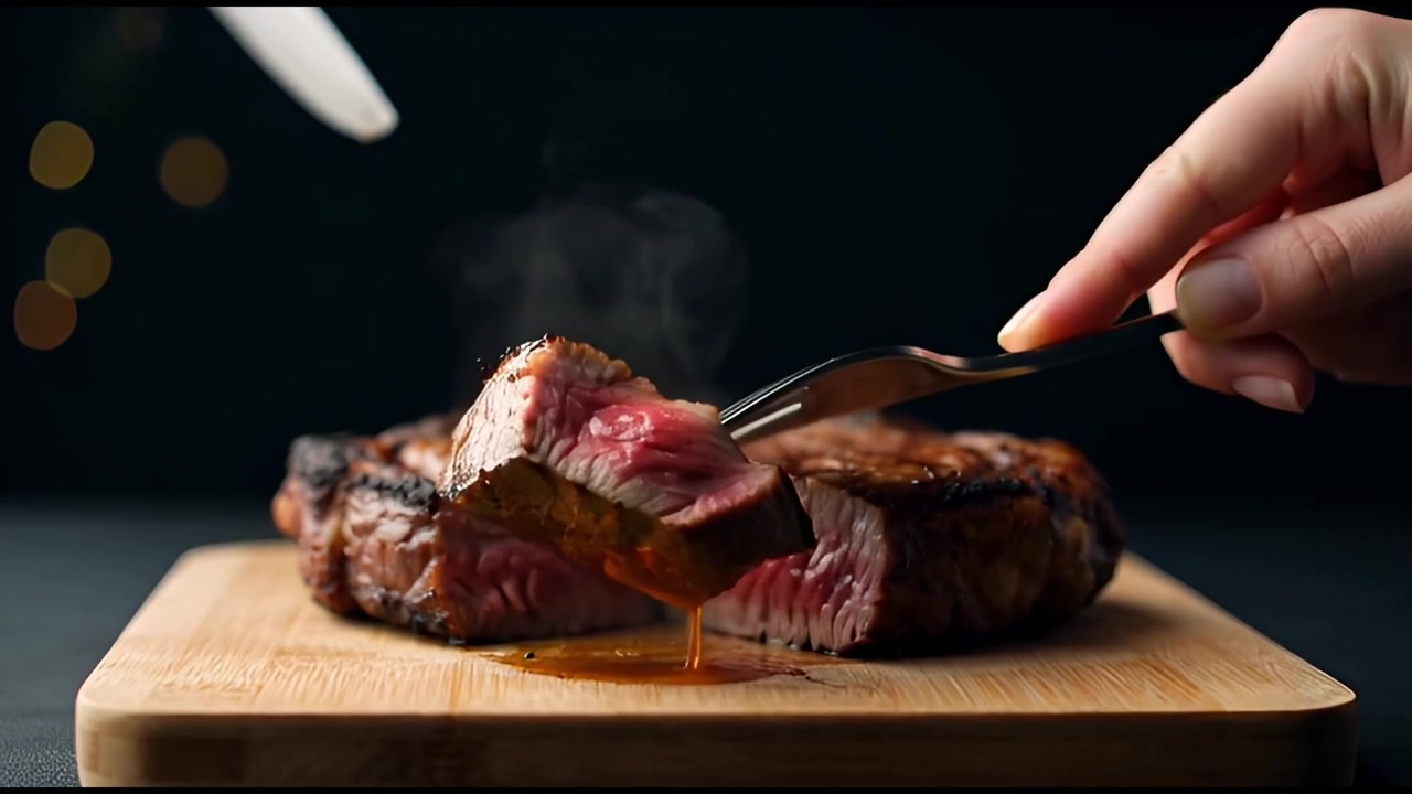 Person schneidet und hebt ein saftiges gegrilltes Steak mit Gabel und Messer