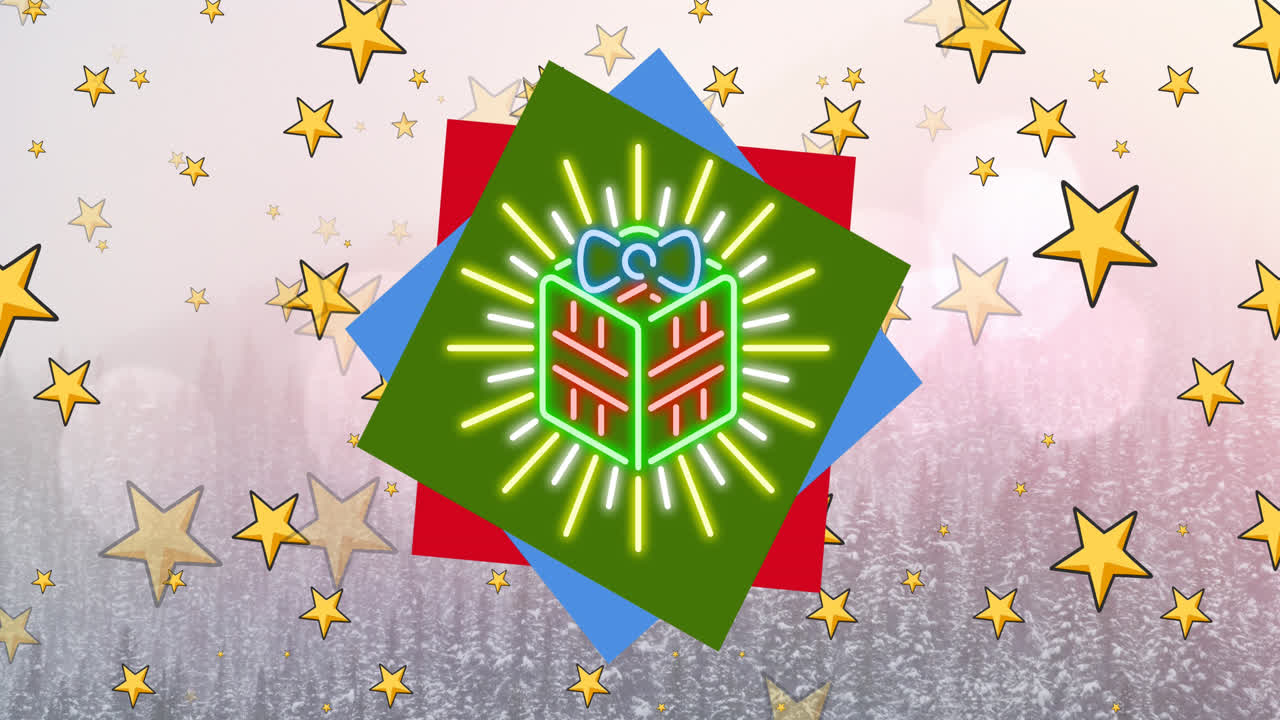 네온의 애니메이션 크리스마스 선물 떨어지는 별 위에