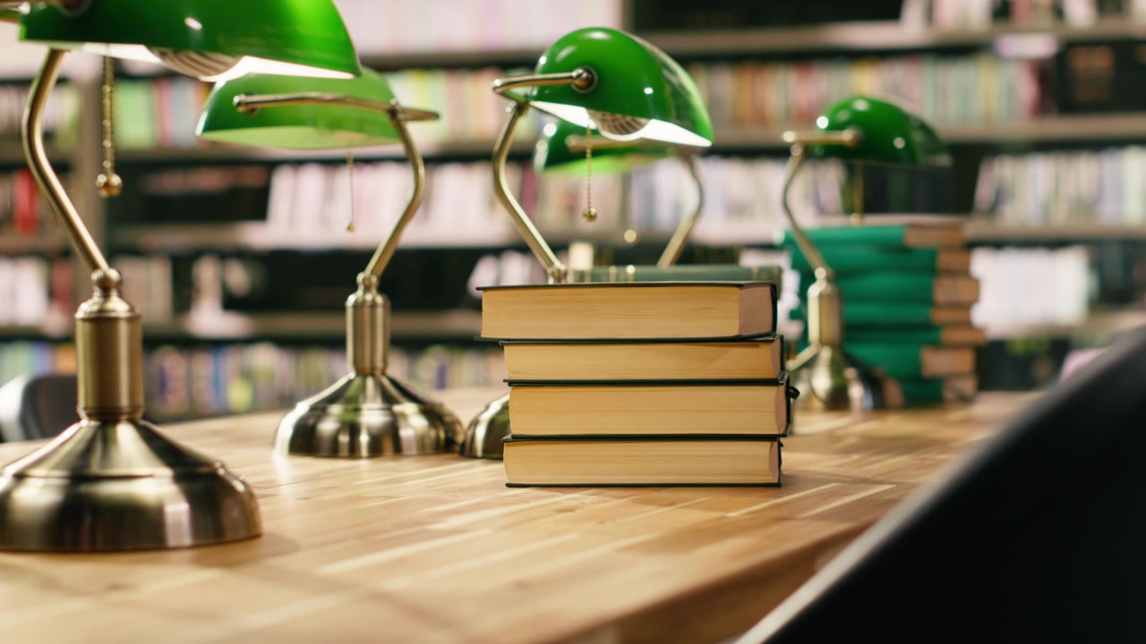Tall stack of books on library table with green lamps against bookshelves