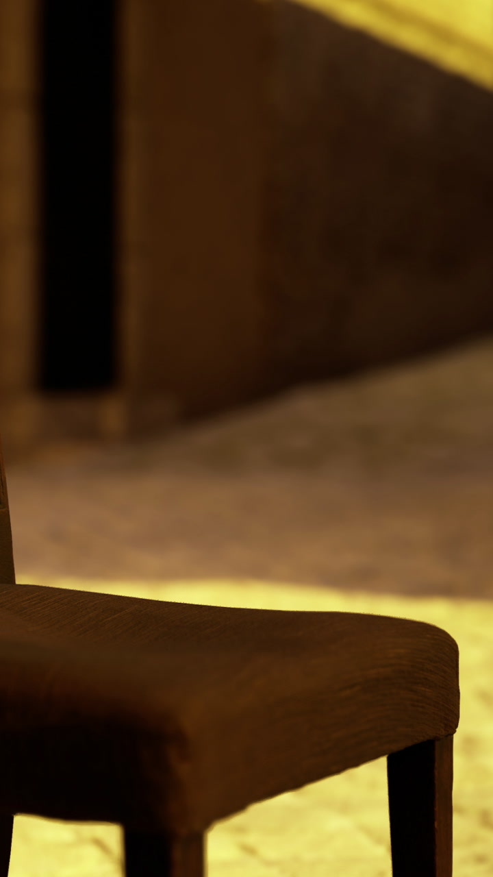 Wooden chair in an empty room with warm lighting in a historical building