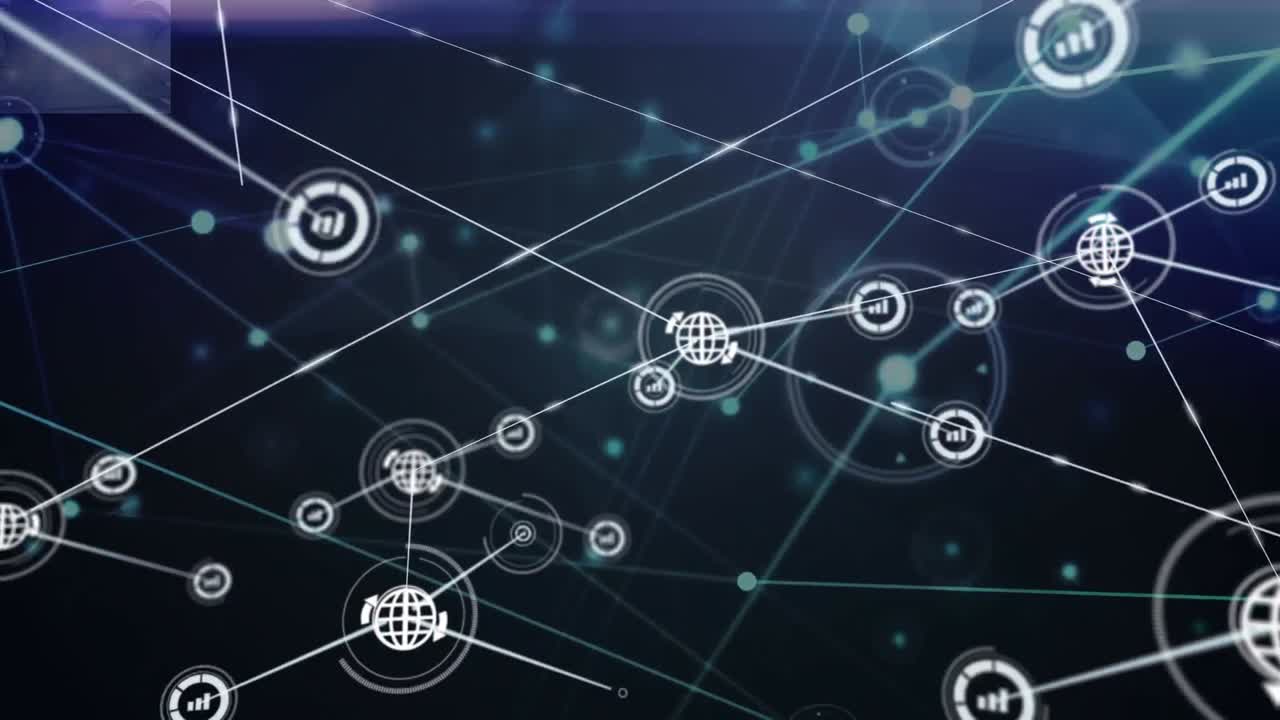 Animation of dots with bar graph and globe icons connecting with lines over abstract background