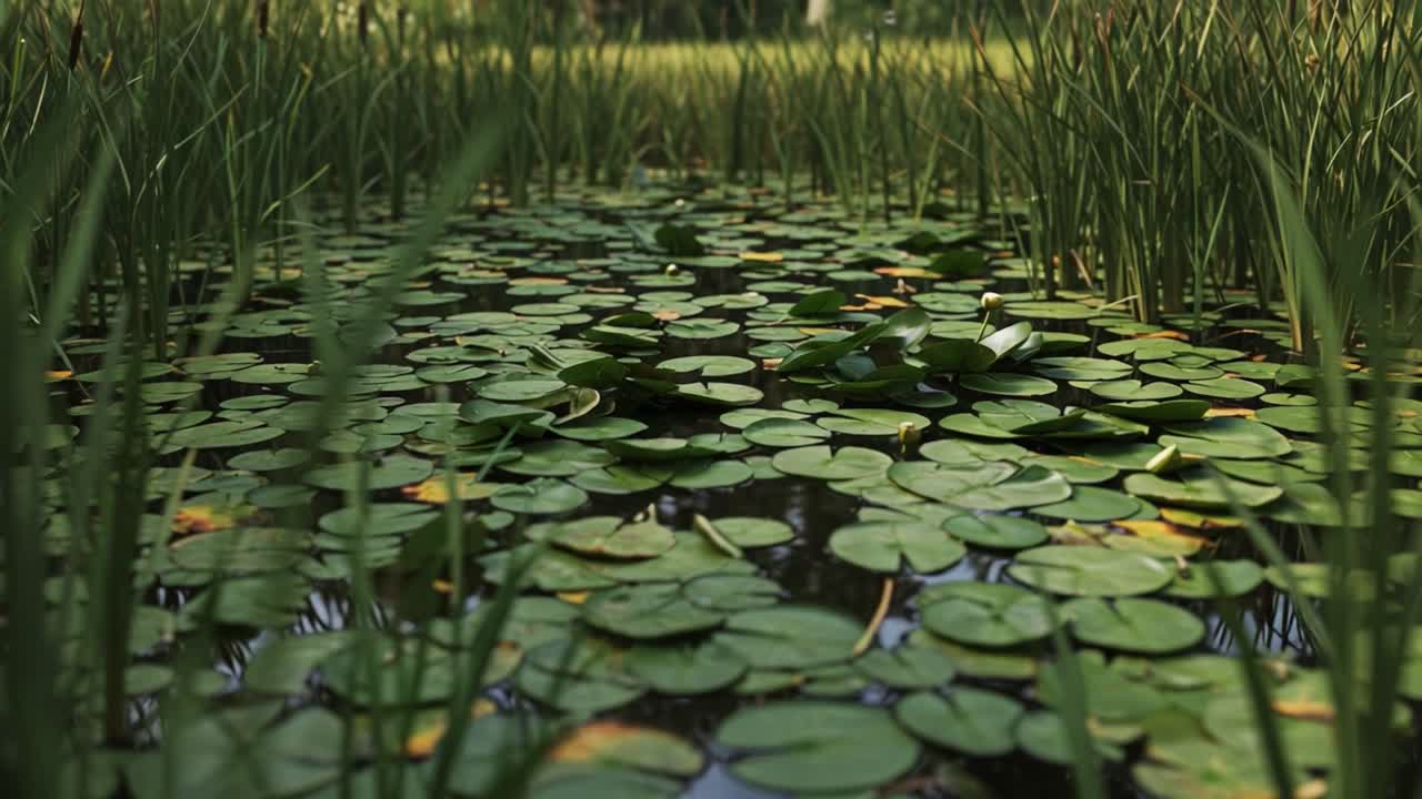 A Serene Pond Scene: Lush Green Lily Pads and Graceful Surroundings Captured in Tranquil Nature Frames