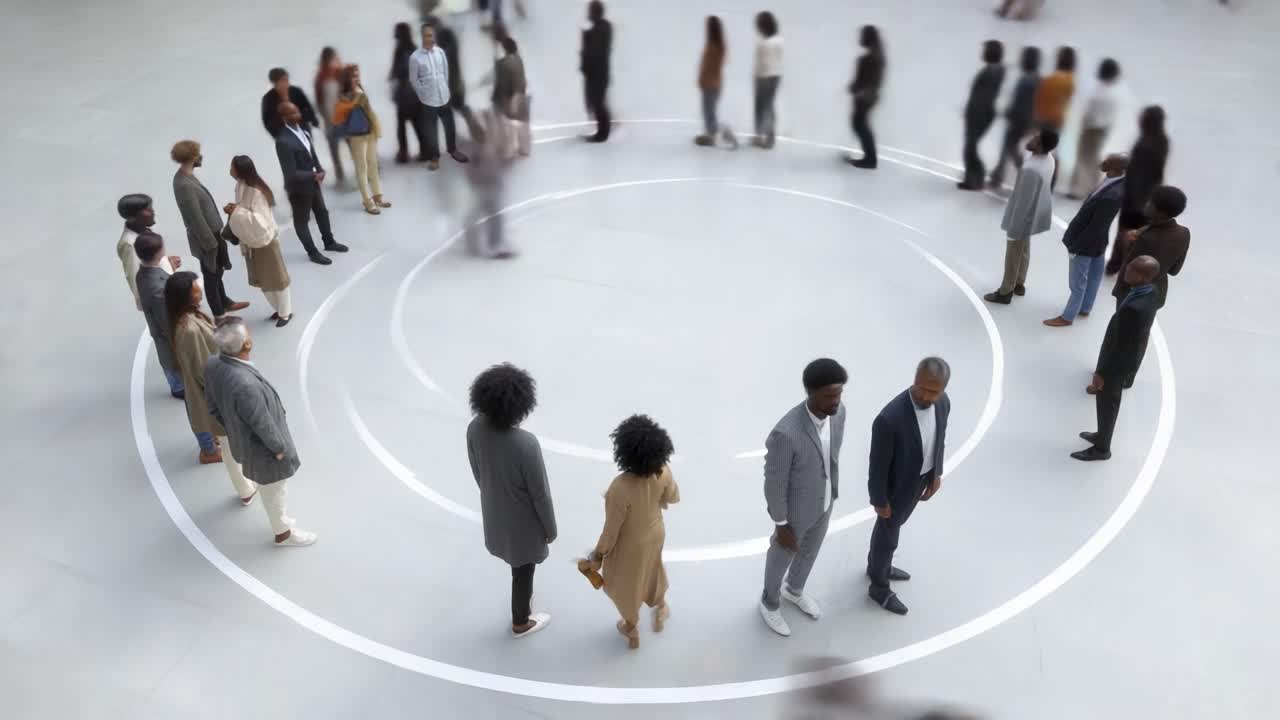 A Circular Gathering of Diverse Individuals in Motion and Stillness, Capturing the Dynamic Interaction Between Movement and Stillness in a Modern Setting