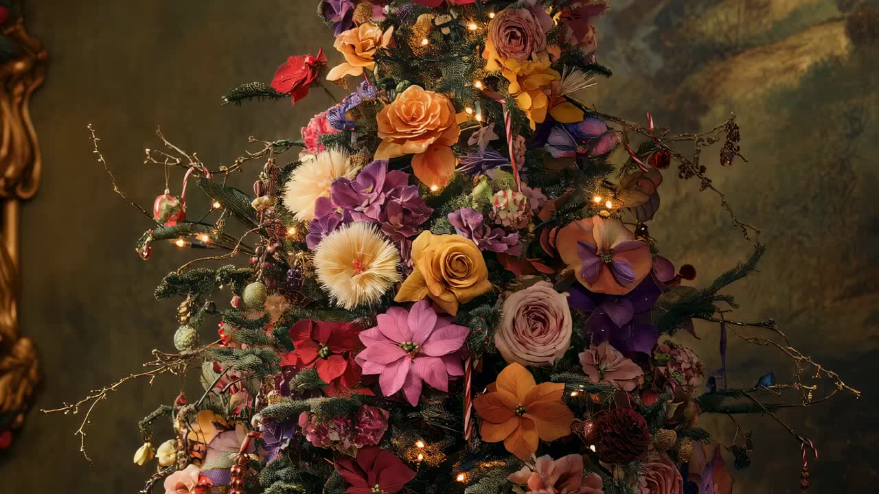 Warm christmas lights illuminate colorful flowers decorating a christmas tree, creating a festive and cozy atmosphere against a dark green backdrop