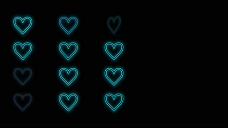 patrón de corazones azul neón pulsante en filas
