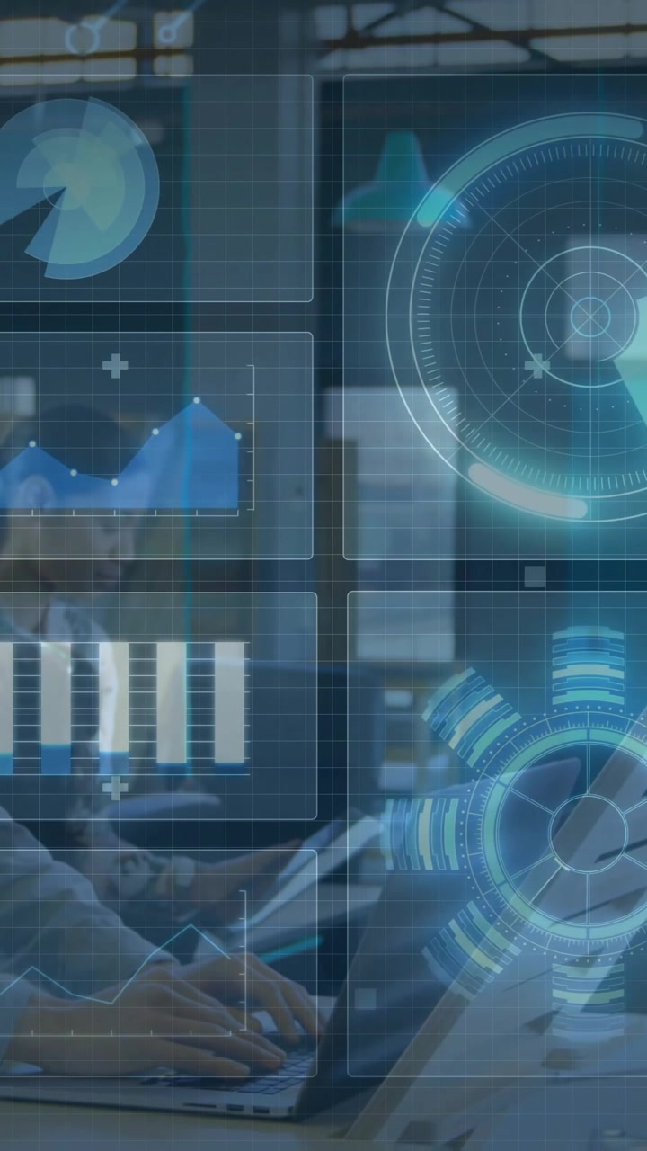 Using animation, business professionals analyzing futuristic data graphics in office