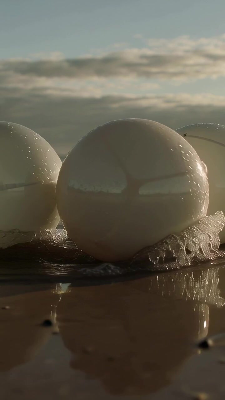 Vertical video: Rolling three cream floats nudging on wet sand as small wave washing bases