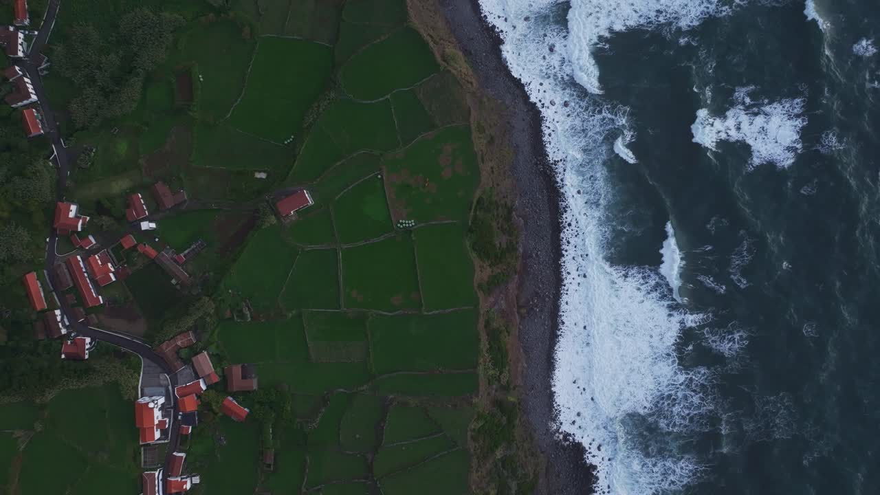 Luftfoto af Faja Grande på Azorerne på en klar dag. Landsby, solnedgang, hav, bølger, hus, klipper, ocean, Nordatlanten.