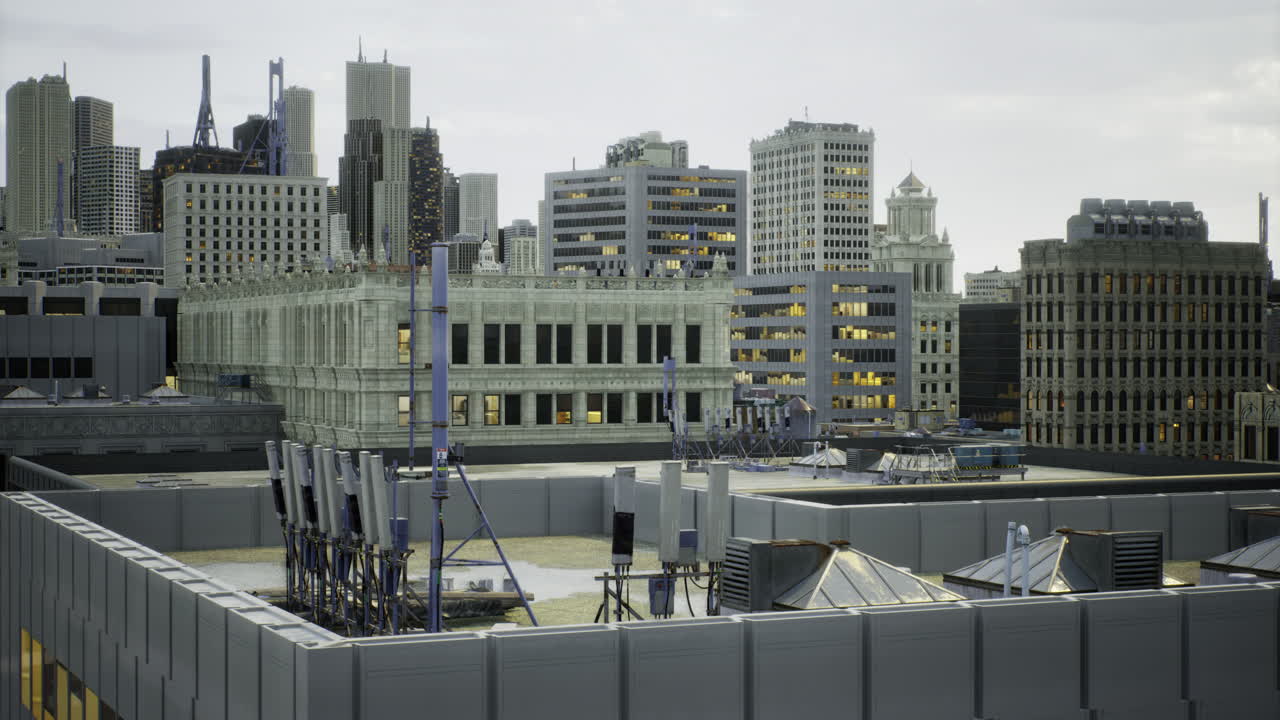 View of a bustling city skyline featuring modern buildings and rooftops