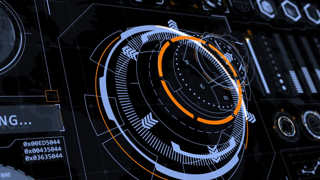 Motion graphic of head up display ( HUD UI ) technology interface screen with futuristic 3D elements graph and chat panel