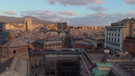 Cityscape-of-Italian-Riviera-Town-at-Liguria,-Genoa,-Sunset-Skyline-Above-Via-XX