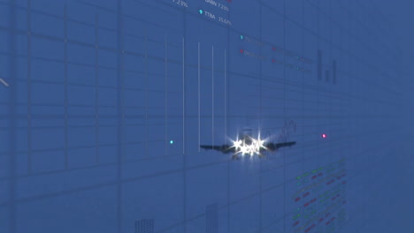 flying airplane over digital financial data and graphs in animation background