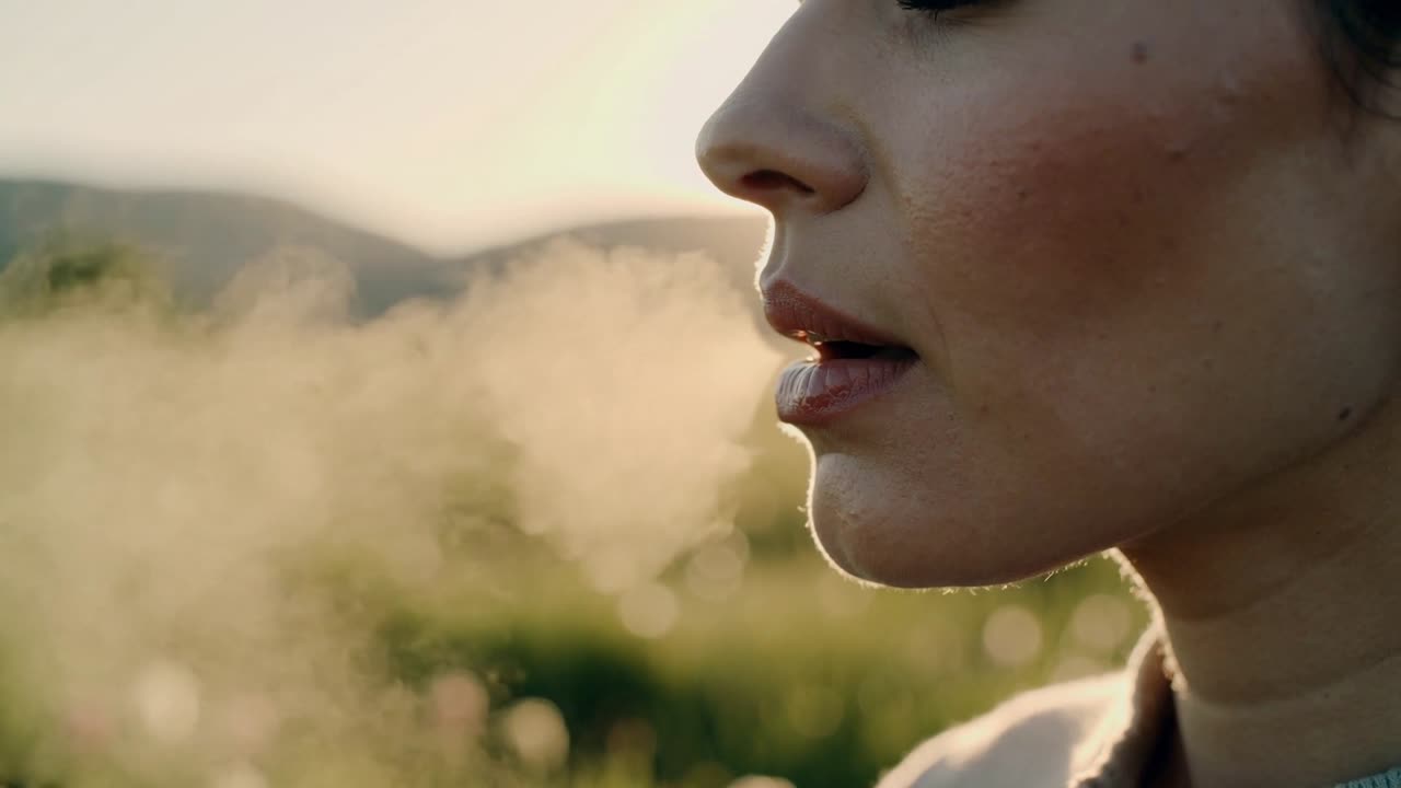 Mujer con suéter exhala, reaccionando al aire frío y formando una columna de vapor en un prado soleado, con espacio para copiar.