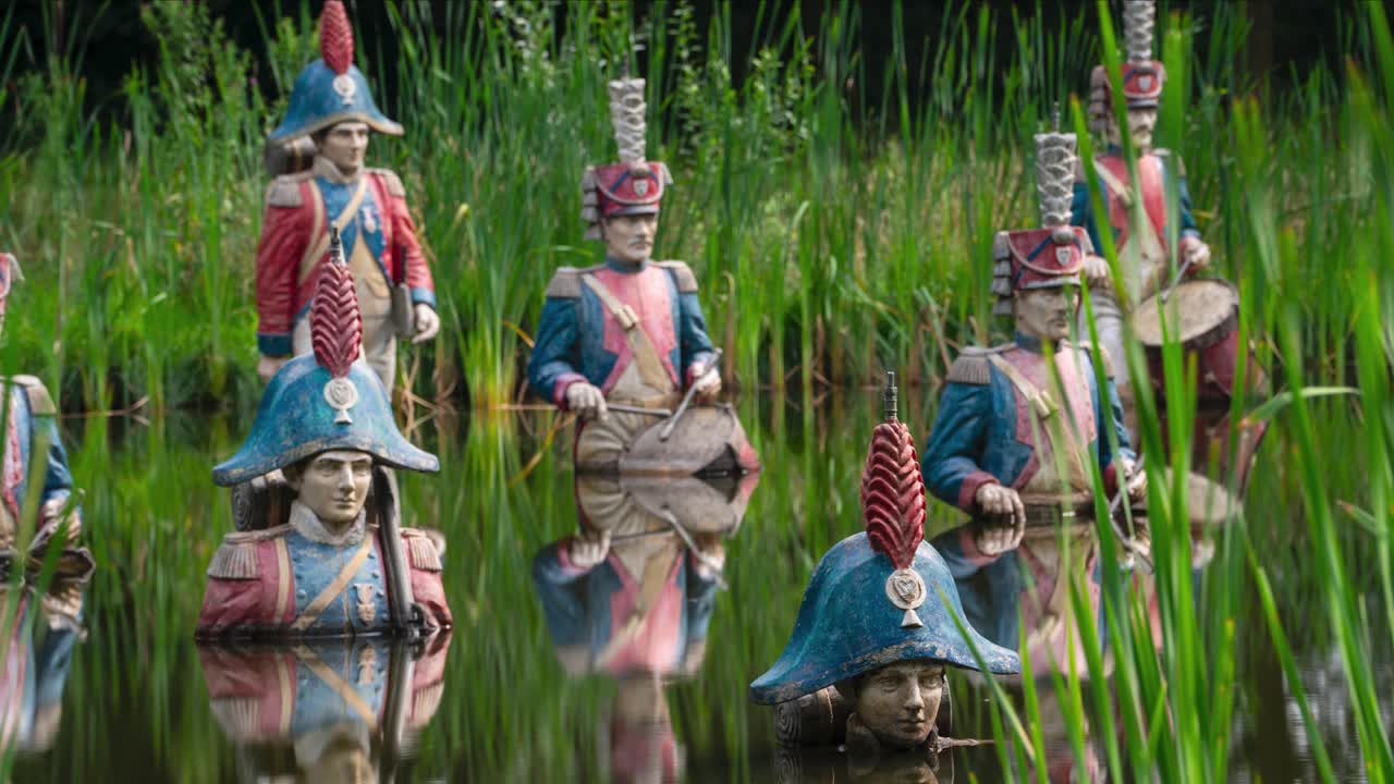 Napoleon army statues decaying in abandoned theme park, tilt down view