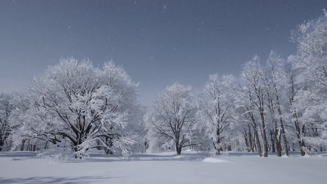 A serene winter landscape video captures snow-covered trees under a starry sky