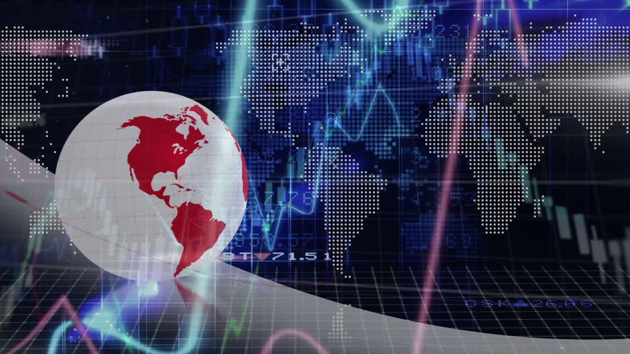 animación del procesamiento de datos financieros sobre el globo y el mapa del mundo