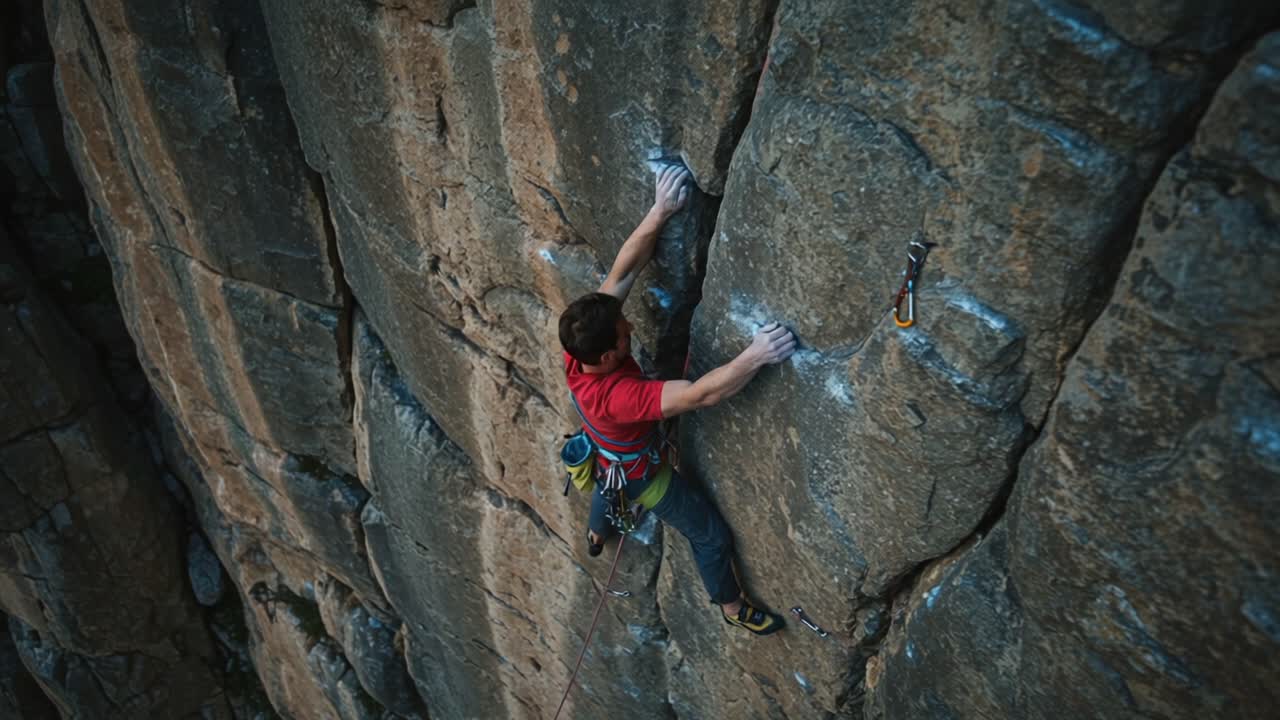 A determined climber scales a steep rock face, showcasing the intense focus and physical strength required to conquer challenging vertical routes