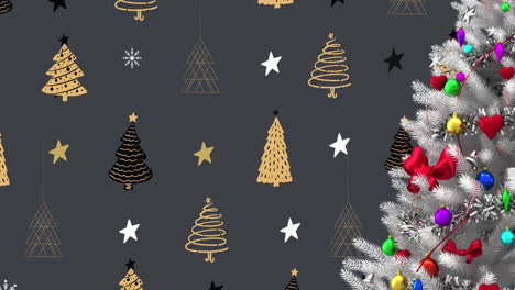 animación de bolas de navidad decoraciones en el árbol de navidad en fondo gris