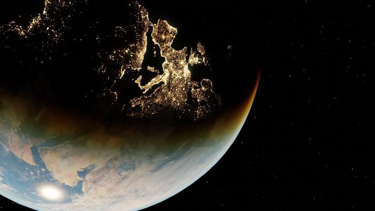 Vista della Terra dallo spazio: continenti Europa e Africa illuminati di notte, transizione giorno-notte, inquinamento luminoso, elettricità, concetto Agenda 2030
