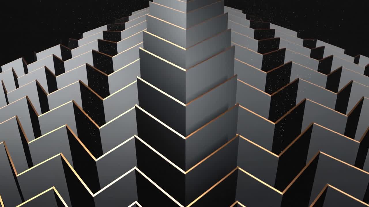 Sparking central stepped pyramid emitting particles down deep cavity in dark void, rim lighting